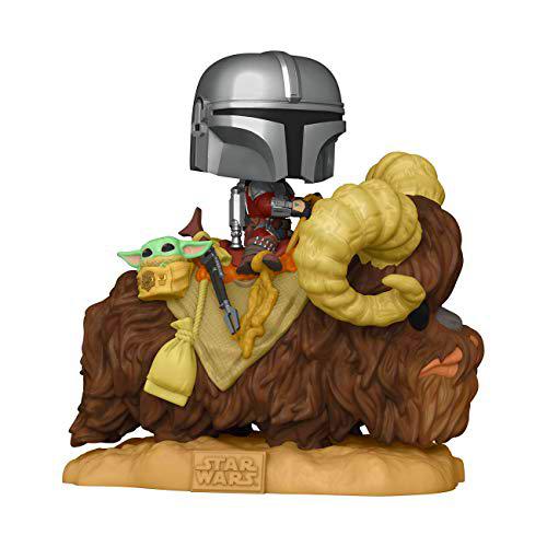 Funko- Pop The Mandalorian-Deluxe 2 Mando on Bantha w/Child in Bag Figura coleccionable